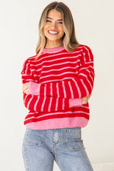 Hershey Jumper - Crew Neck Striped Ribbed Hem Knit in Pink/Red