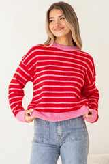 Hershey Jumper - Crew Neck Striped Ribbed Hem Knit in Pink/Red