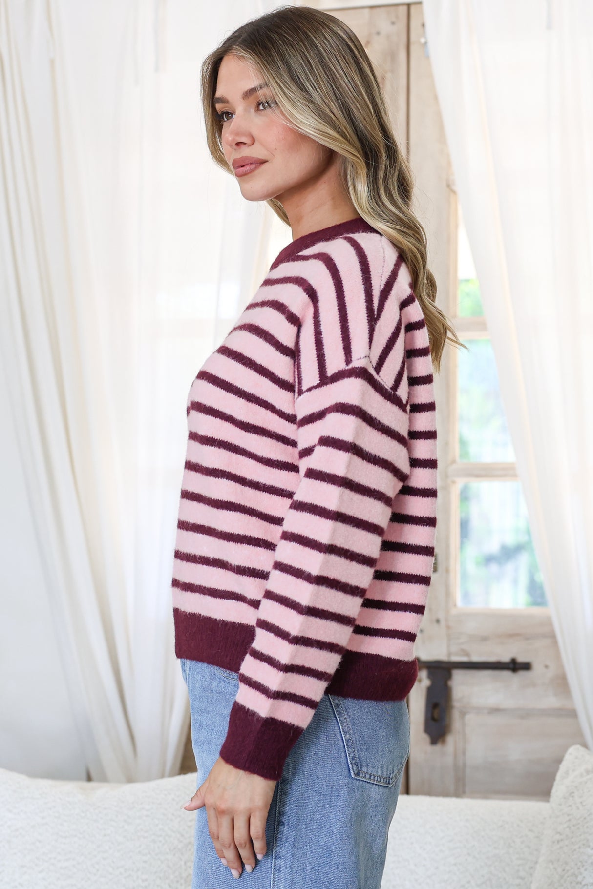 Hershey Jumper - Crew Neck Striped Ribbed Hem Knit in Pink/Wine