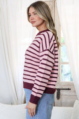 Hershey Jumper - Crew Neck Striped Ribbed Hem Knit in Pink/Wine
