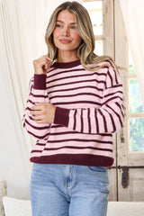 Hershey Jumper - Crew Neck Striped Ribbed Hem Knit in Pink/Wine