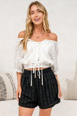 Hester Shorts - Relaxed Elasticated Waist Textured Short with Pockets in Black