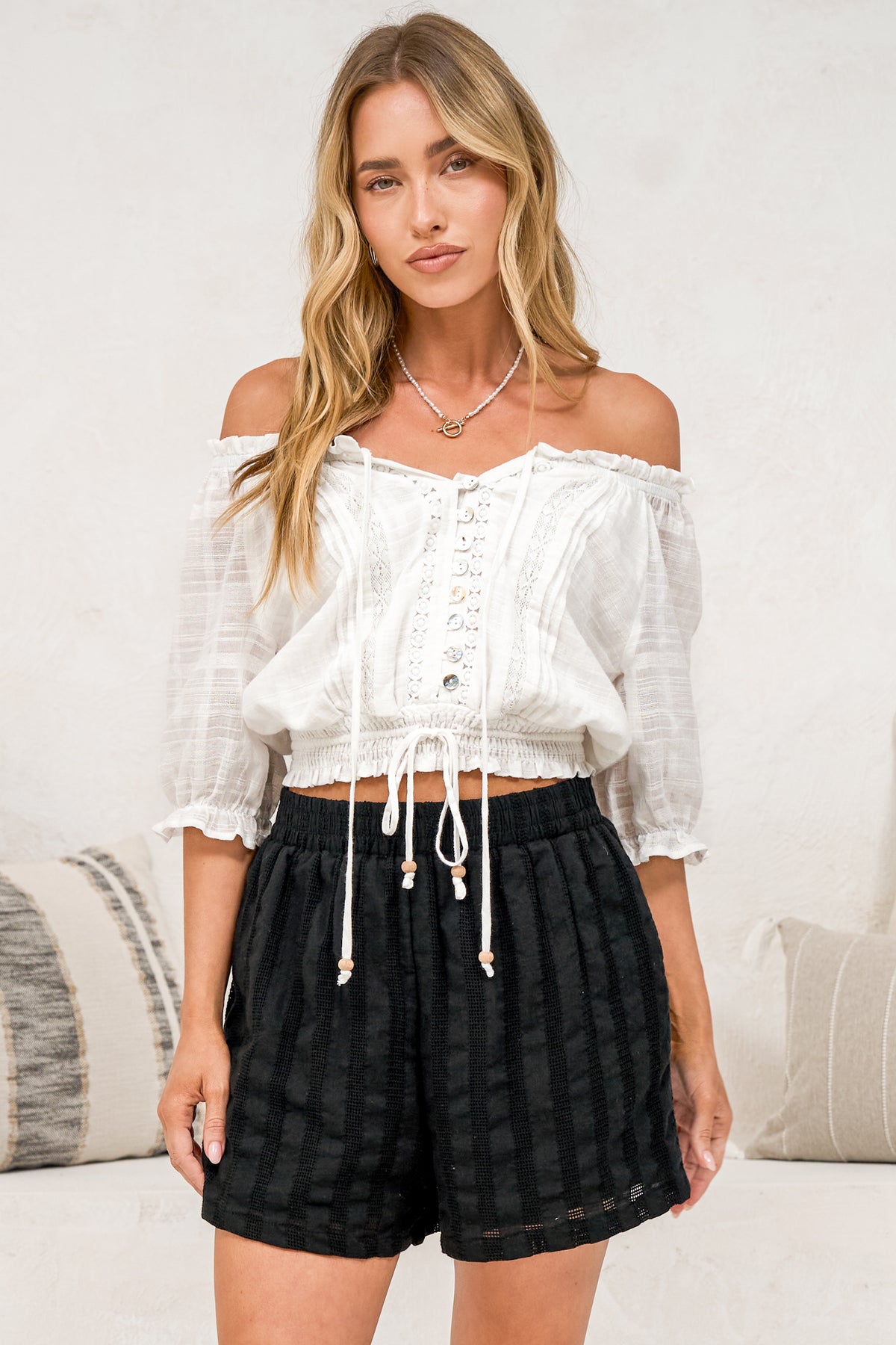 Hester Shorts - Relaxed Elasticated Waist Textured Short with Pockets in Black
