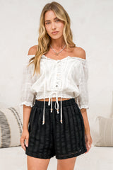Hester Shorts - Relaxed Elasticated Waist Textured Short with Pockets in Black