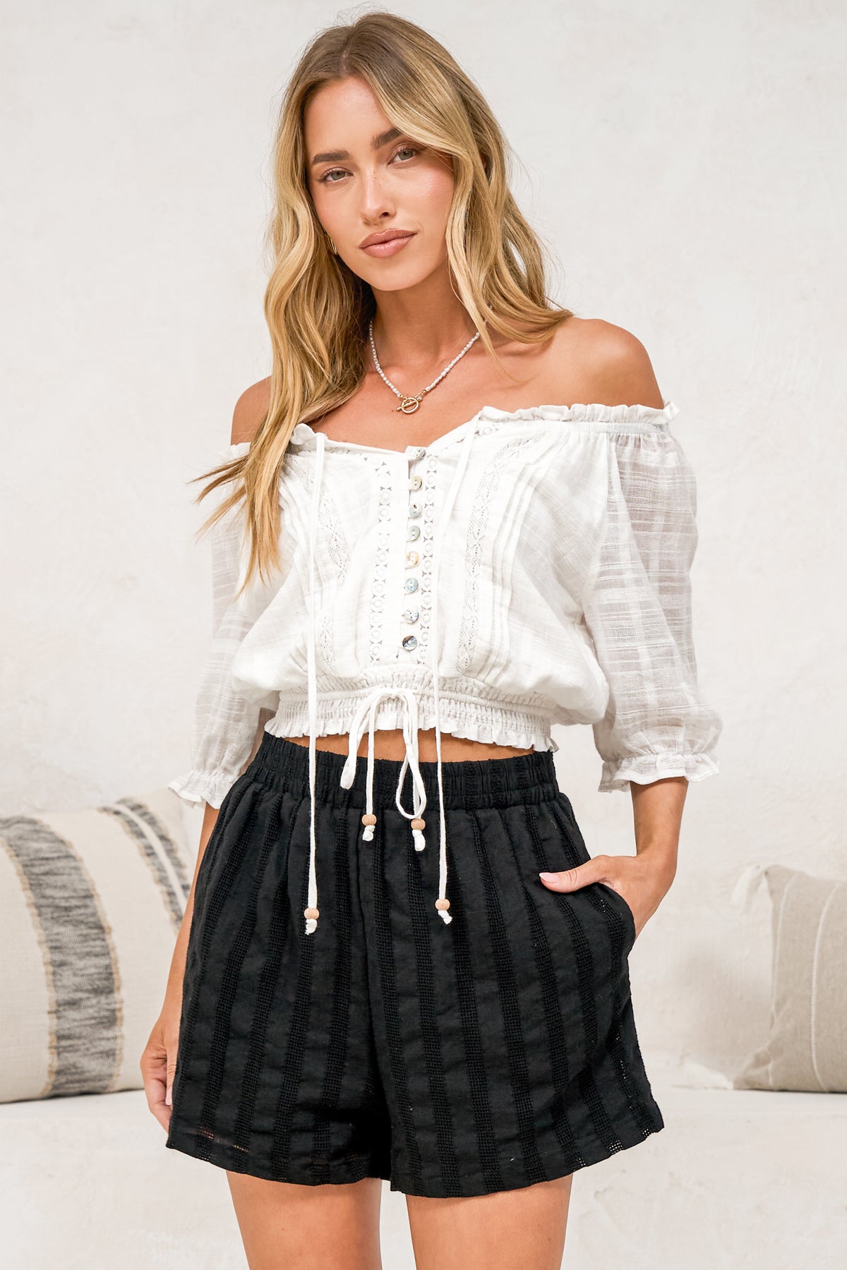 Hester Shorts - Relaxed Elasticated Waist Textured Short with Pockets in Black