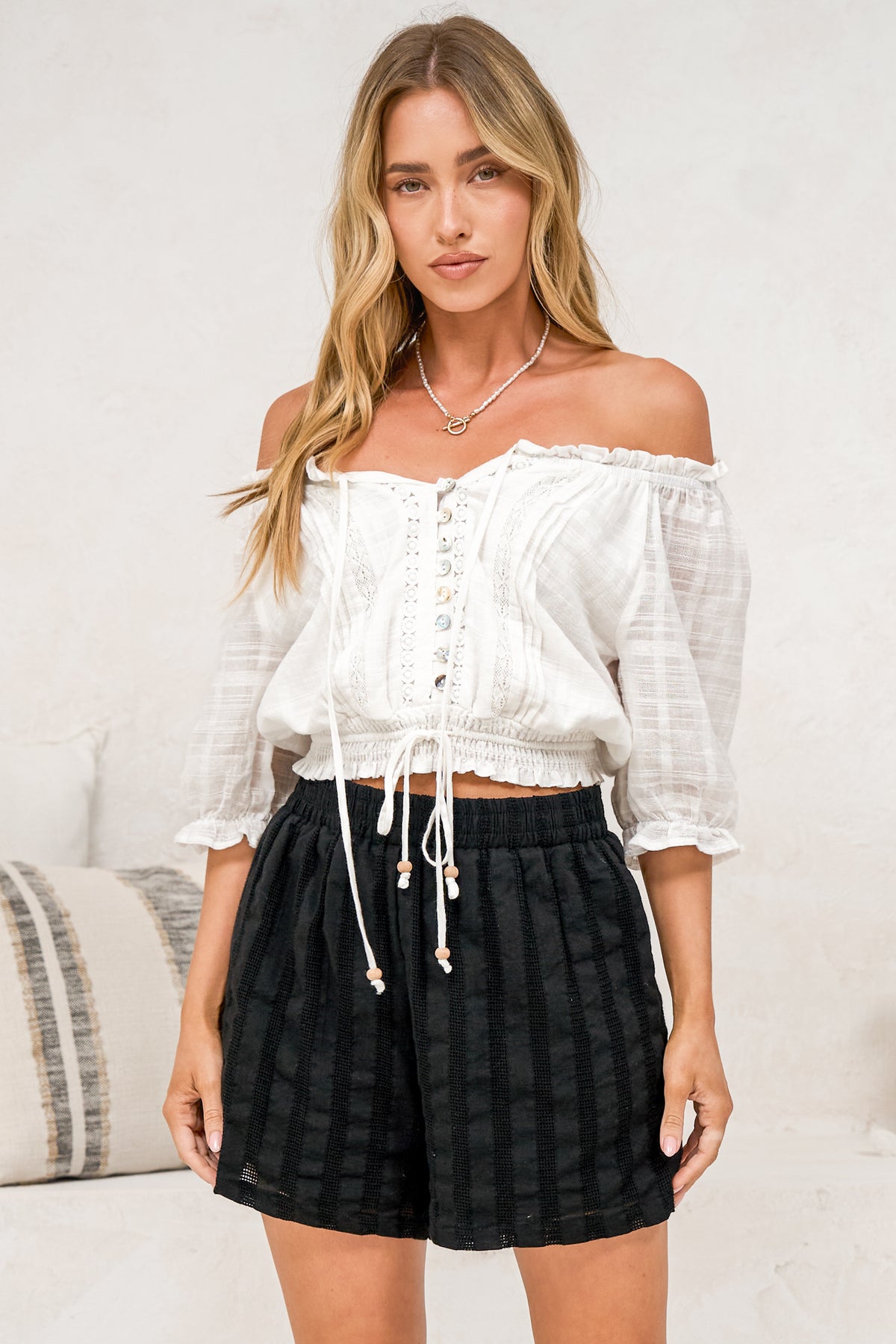 Hester Shorts - Relaxed Elasticated Waist Textured Short with Pockets in Black