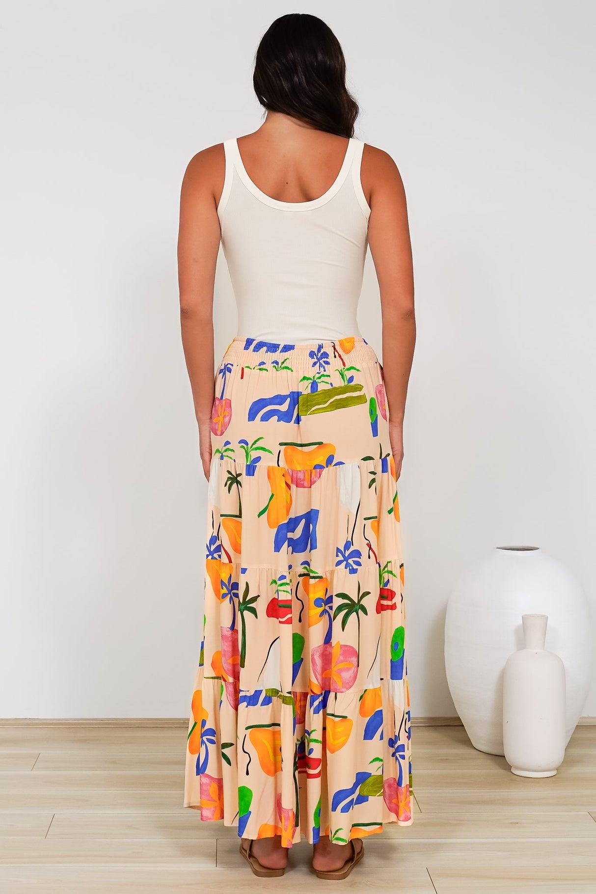 Heston Maxi Skirt - Mid Rise Tiered Maxi Skirt in Cruise Print Beige