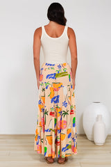 Heston Maxi Skirt - Mid Rise Tiered Maxi Skirt in Cruise Print Beige