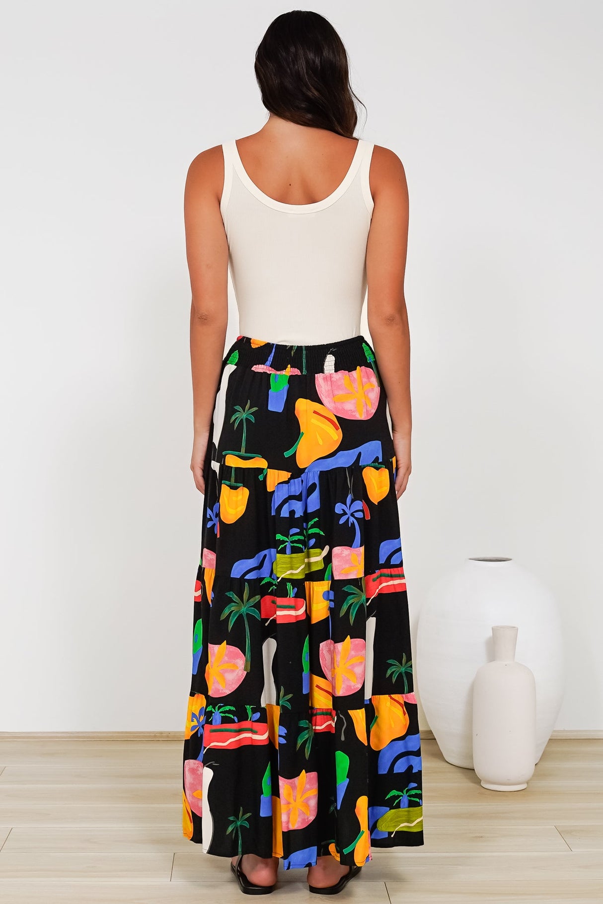 Heston Maxi Skirt - Mid Rise Tiered Maxi Skirt in Cruise Print Black