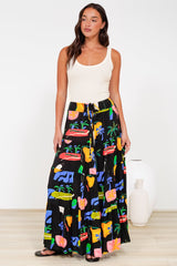 Heston Maxi Skirt - Mid Rise Tiered Maxi Skirt in Cruise Print Black