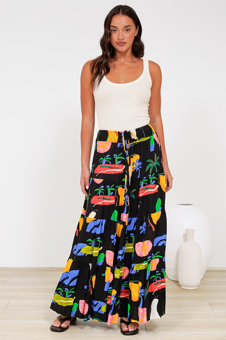 Heston Maxi Skirt - Mid Rise Tiered Maxi Skirt in Cruise Print Black
