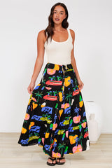 Heston Maxi Skirt - Mid Rise Tiered Maxi Skirt in Cruise Print Black