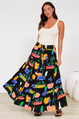 Heston Maxi Skirt - Mid Rise Tiered Maxi Skirt in Cruise Print Black