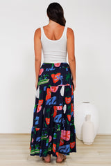 Heston Maxi Skirt - Mid Rise Tiered Maxi Skirt in Cruise Print Navy