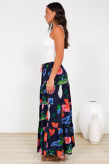 Heston Maxi Skirt - Mid Rise Tiered Maxi Skirt in Cruise Print Navy
