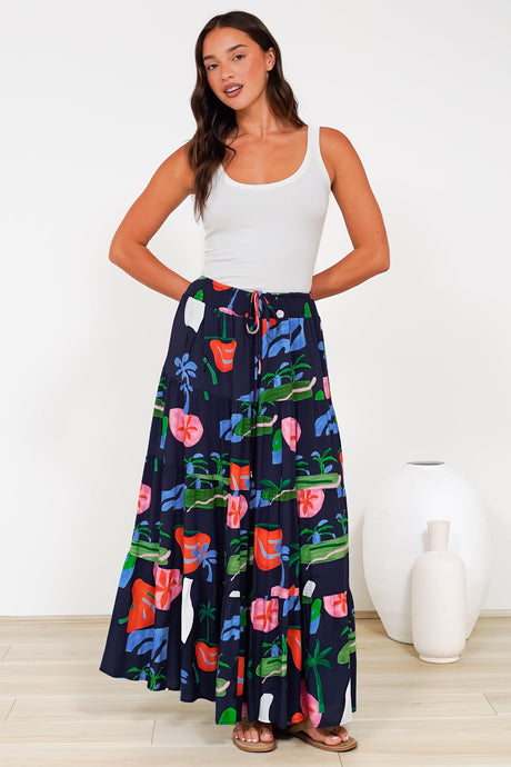 Heston Maxi Skirt - Mid Rise Tiered Maxi Skirt in Cruise Print Navy