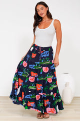 Heston Maxi Skirt - Mid Rise Tiered Maxi Skirt in Cruise Print Navy