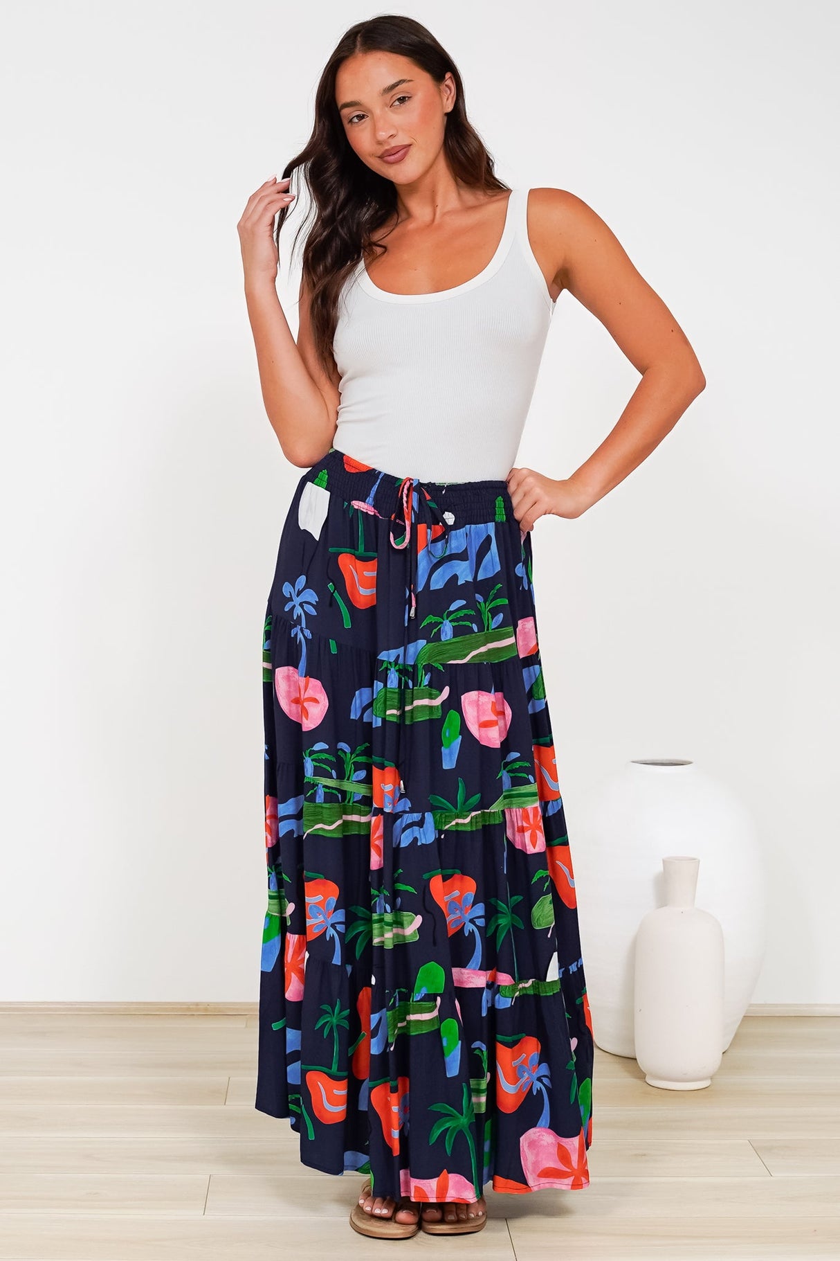 Heston Maxi Skirt - Mid Rise Tiered Maxi Skirt in Cruise Print Navy