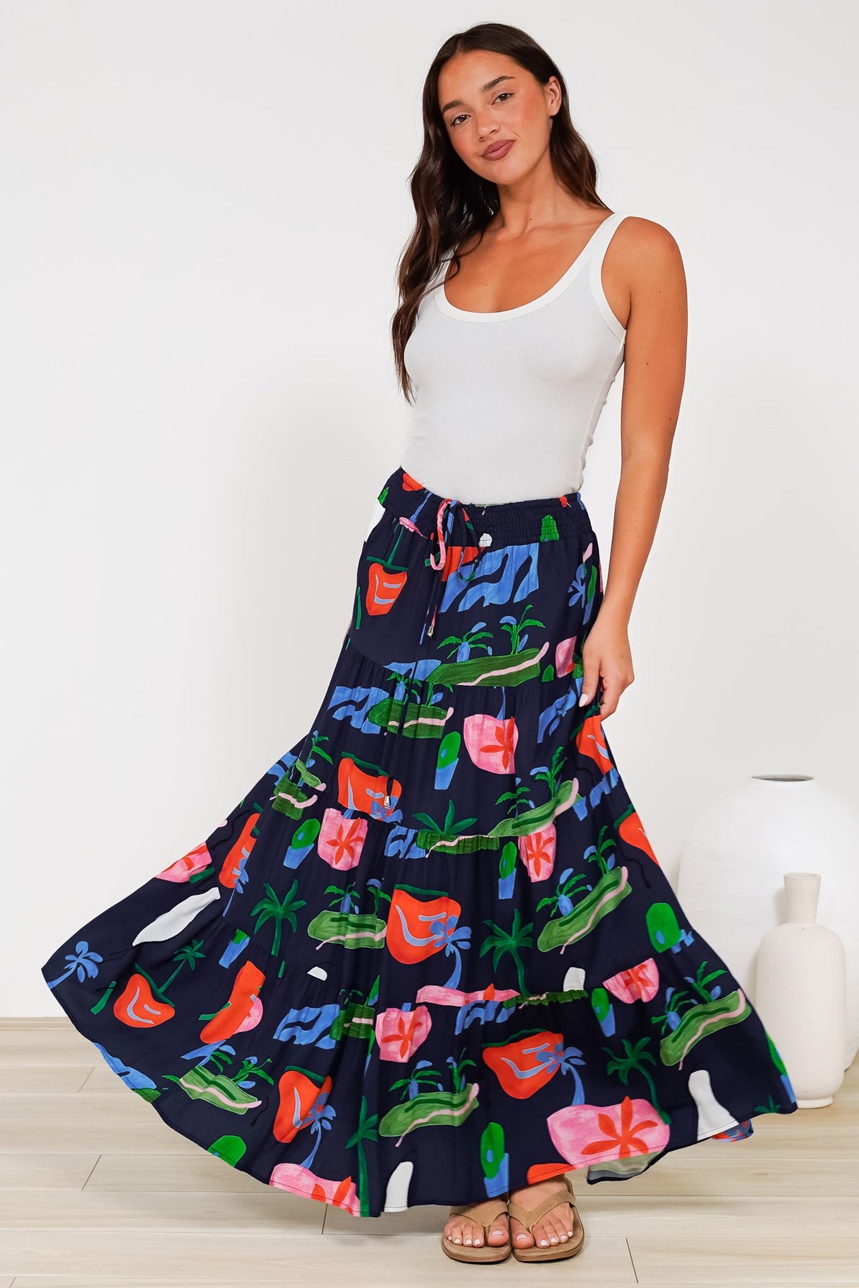 Heston Maxi Skirt - Mid Rise Tiered Maxi Skirt in Cruise Print Navy