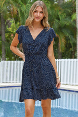 Hetta Mini Dress - V Neck Dress with Adjustable Tie Waist and Flutter Cap Sleeves in Pomona Print Navy