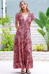 Hetta Maxi Dress - V Neck A Line Dress with Cap Flutter Sleeves in Harlan Print