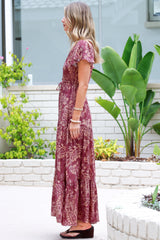 Hetta Maxi Dress - V Neck A Line Dress with Cap Flutter Sleeves in Harlan Print