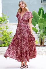 Hetta Maxi Dress - V Neck A Line Dress with Cap Flutter Sleeves in Harlan Print