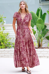 Hetta Maxi Dress - V Neck A Line Dress with Cap Flutter Sleeves in Harlan Print