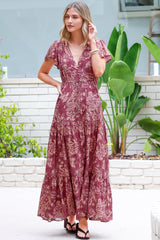 Hetta Maxi Dress - V Neck A Line Dress with Cap Flutter Sleeves in Harlan Print