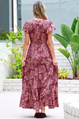 Hetta Maxi Dress - V Neck A Line Dress with Cap Flutter Sleeves in Harlan Print