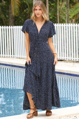 Hetta Maxi Dress - V Neck A Line Dress with Cap Flutter Sleeves in Pomona Print Navy