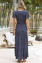 Hetta Maxi Dress - V Neck A Line Dress with Cap Flutter Sleeves in Pomona Print Navy