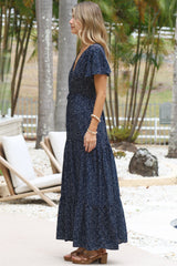 Hetta Maxi Dress - V Neck A Line Dress with Cap Flutter Sleeves in Pomona Print Navy
