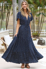 Hetta Maxi Dress - V Neck A Line Dress with Cap Flutter Sleeves in Pomona Print Navy