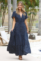 Hetta Maxi Dress - V Neck A Line Dress with Cap Flutter Sleeves in Pomona Print Navy