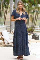 Hetta Maxi Dress - V Neck A Line Dress with Cap Flutter Sleeves in Pomona Print Navy
