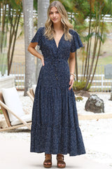 Hetta Maxi Dress - V Neck A Line Dress with Cap Flutter Sleeves in Pomona Print Navy