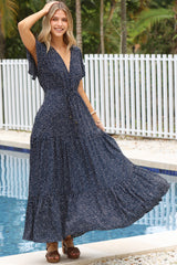 Hetta Maxi Dress - V Neck A Line Dress with Cap Flutter Sleeves in Pomona Print Navy