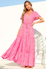 Hetta Maxi Dress - V Neck A Line Dress with Cap Flutter Sleeves in Verity Print