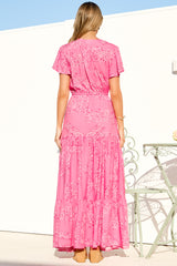 Hetta Maxi Dress - V Neck A Line Dress with Cap Flutter Sleeves in Verity Print
