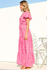Hetta Maxi Dress - V Neck A Line Dress with Cap Flutter Sleeves in Verity Print