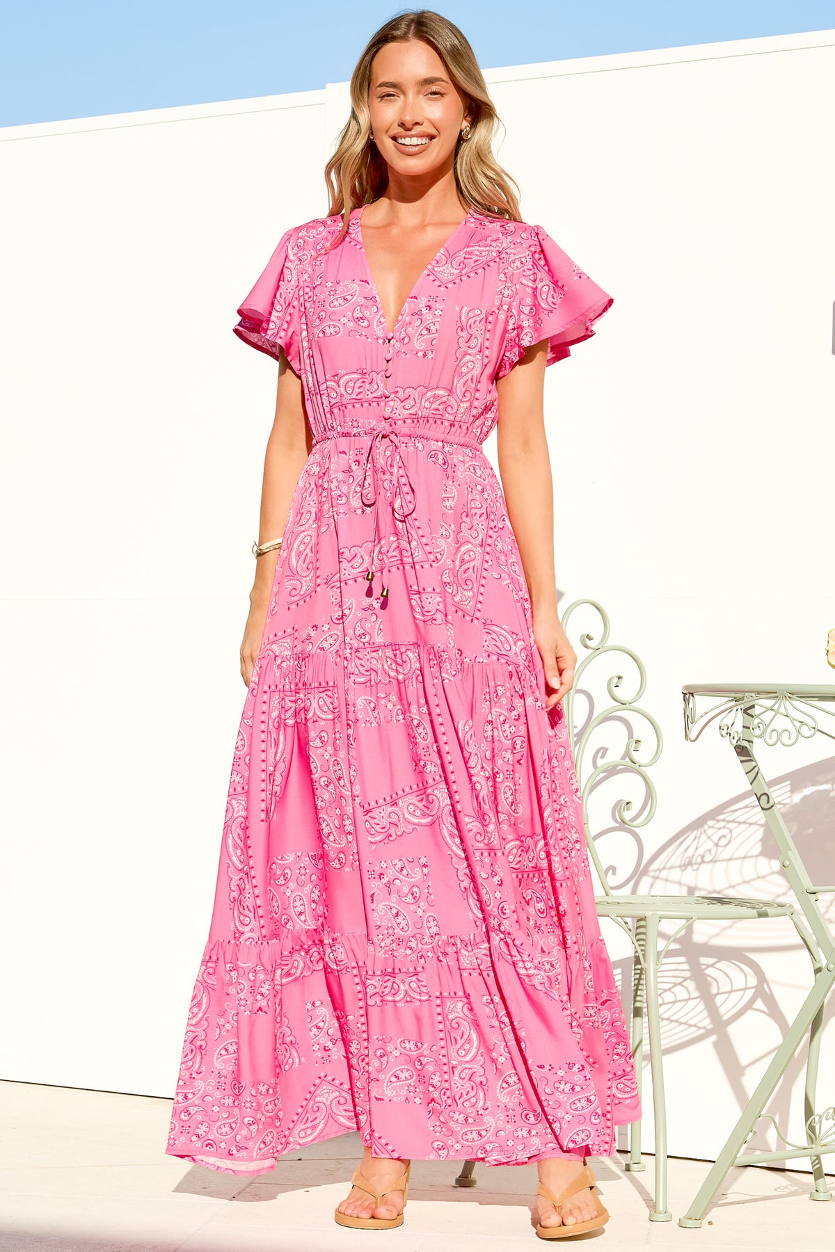 Hetta Maxi Dress - V Neck A Line Dress with Cap Flutter Sleeves in Verity Print