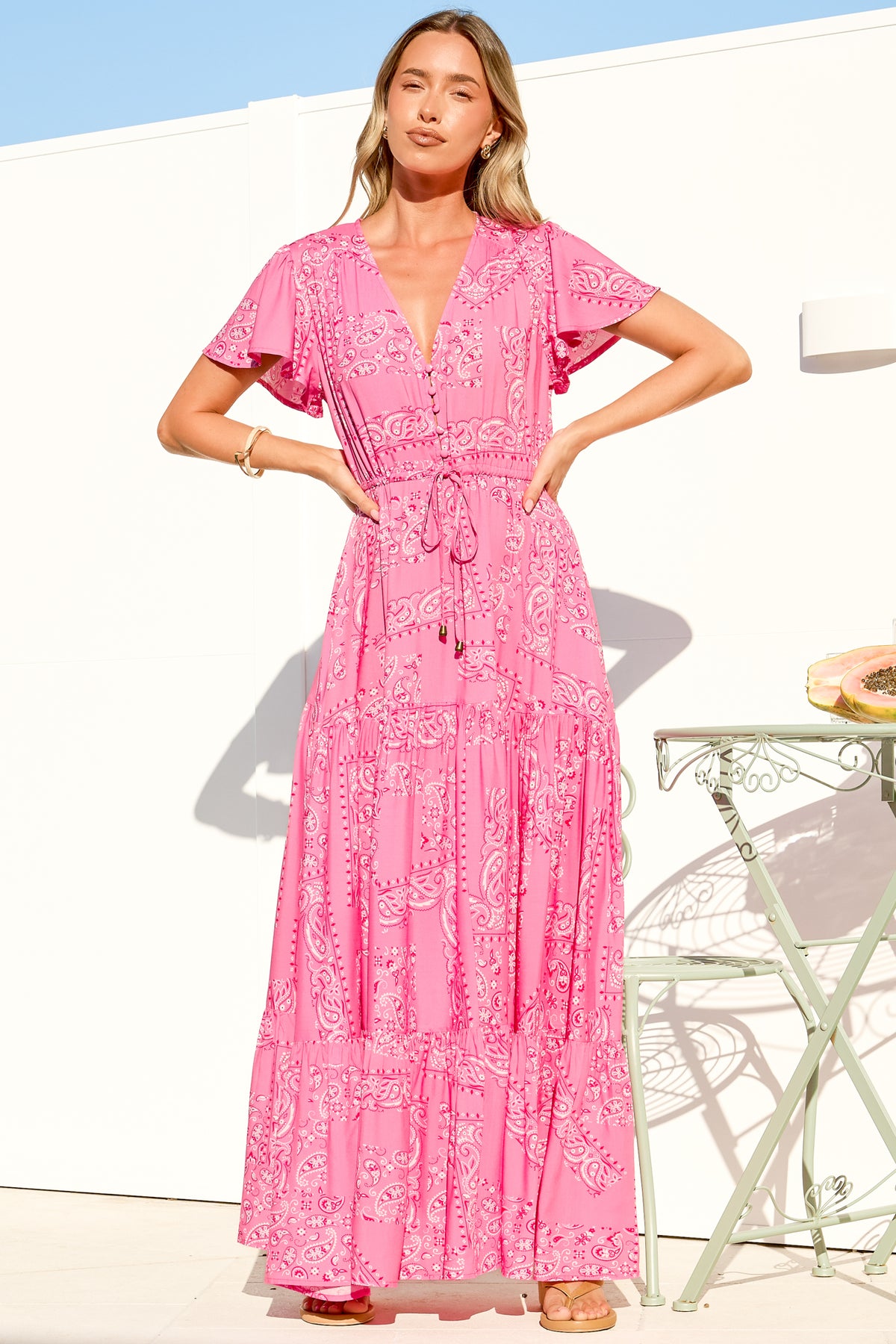 Hetta Maxi Dress - V Neck A Line Dress with Cap Flutter Sleeves in Verity Print
