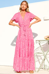 Hetta Maxi Dress - V Neck A Line Dress with Cap Flutter Sleeves in Verity Print