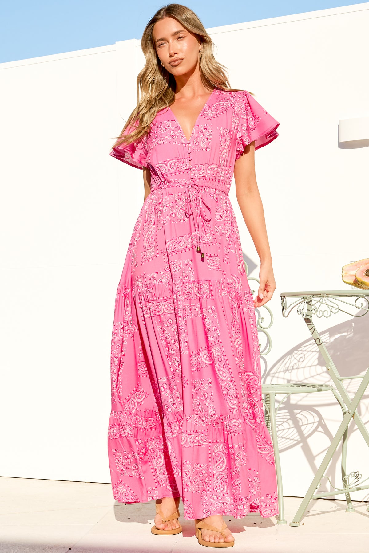 Hetta Maxi Dress - V Neck A Line Dress with Cap Flutter Sleeves in Verity Print