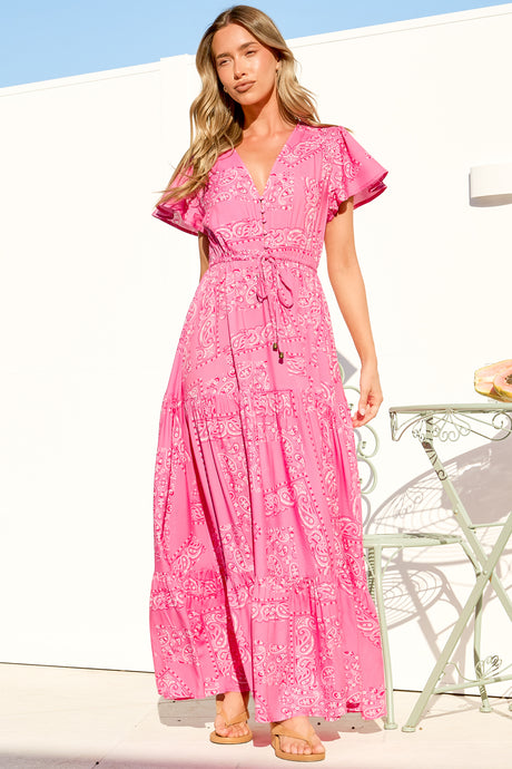 Hetta Maxi Dress - V Neck A Line Dress with Cap Flutter Sleeves in Verity Print