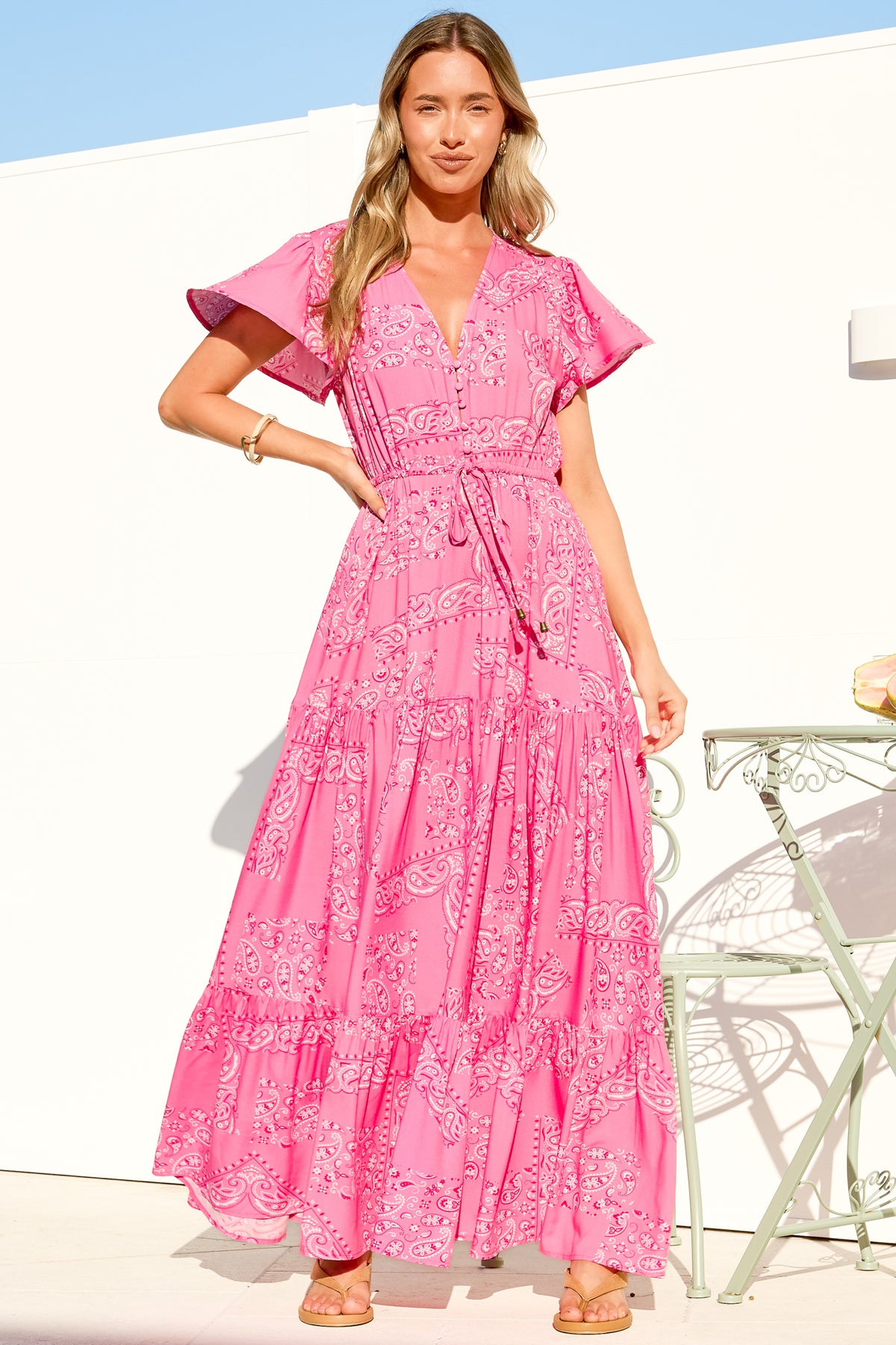Hetta Maxi Dress - V Neck A Line Dress with Cap Flutter Sleeves in Verity Print