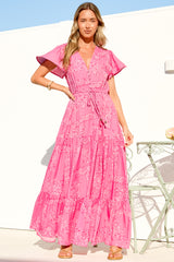 Hetta Maxi Dress - V Neck A Line Dress with Cap Flutter Sleeves in Verity Print