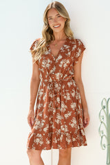 Hetta Mini Dress - V Neck Dress with Adjustable Tie Waist and Flutter Cap Sleeves in Cassida Print