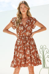 Hetta Mini Dress - V Neck Dress with Adjustable Tie Waist and Flutter Cap Sleeves in Cassida Print